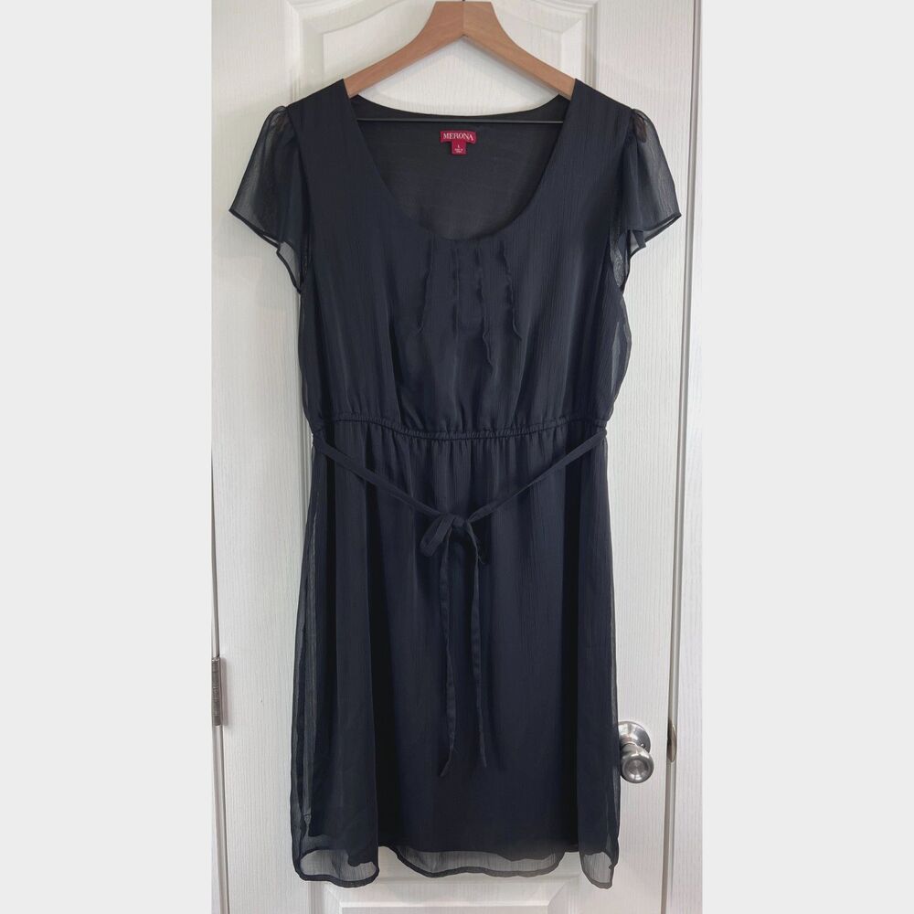 Merona Women's Black Short Sleeve Dress Tie Waist Polyester Size L